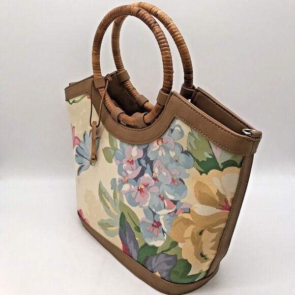 Fossil Hibiscus Boat Double Bamboo Handle  Bag Floral Purse 75082 Key Charm - Picture 5 of 11